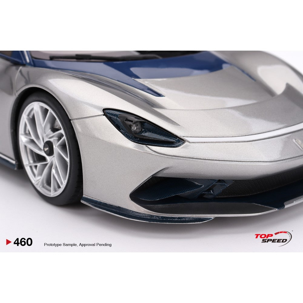 Top Speed Models - Automobili Pininfarina Battista 2019 US Launch Edition Argento Liquido Gloss and Blu del Re Gloss 1:18