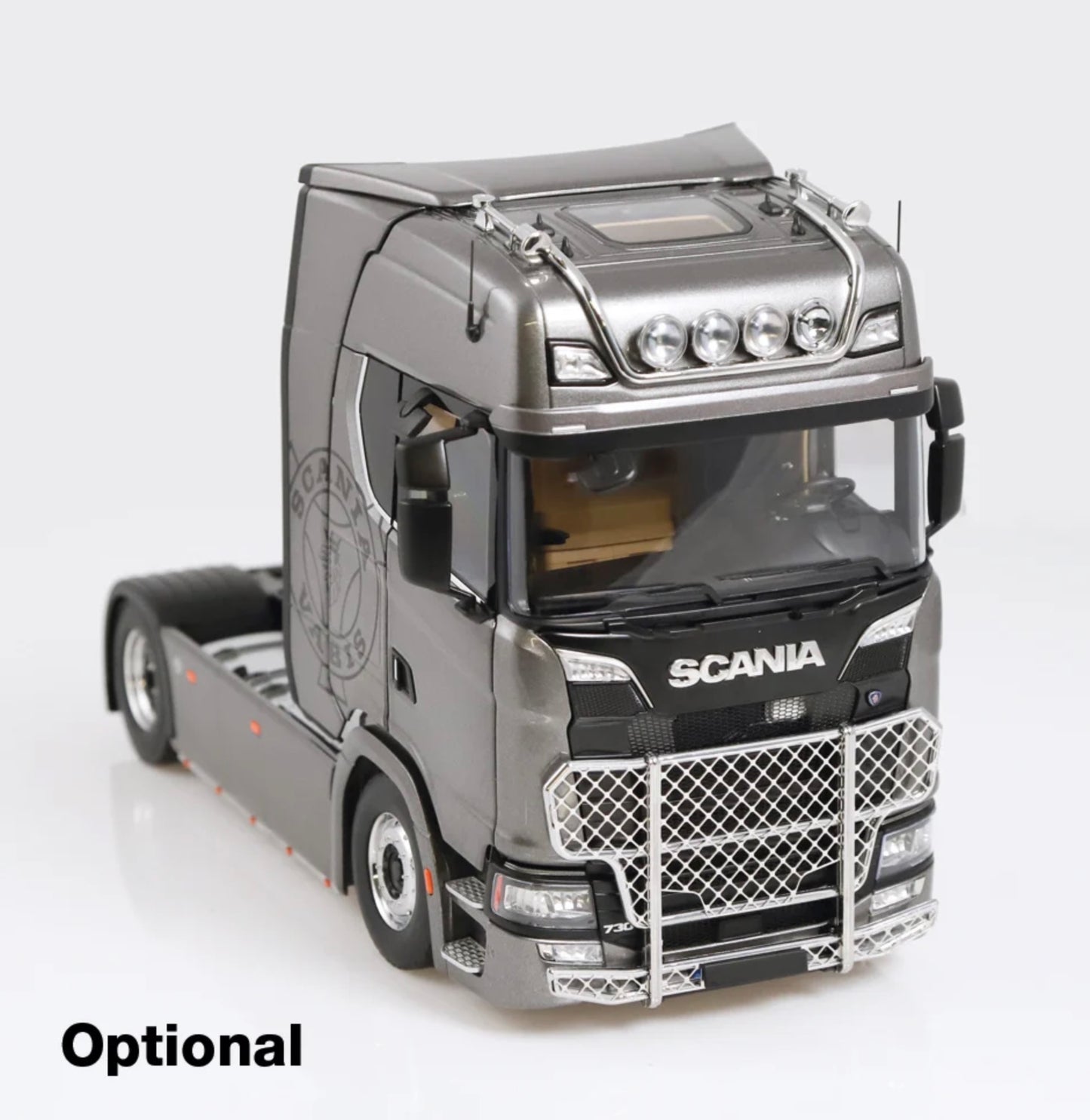 NZG 1:18 - Scania V8 730S 4x2 grijs met Vabis logo & Lohr autotransporter